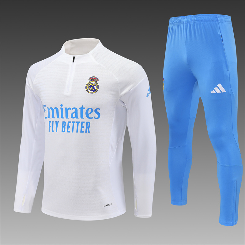 2025/26 Real Madrid White Match Light Blue Half Pull Training Suit (Adults&Kids)